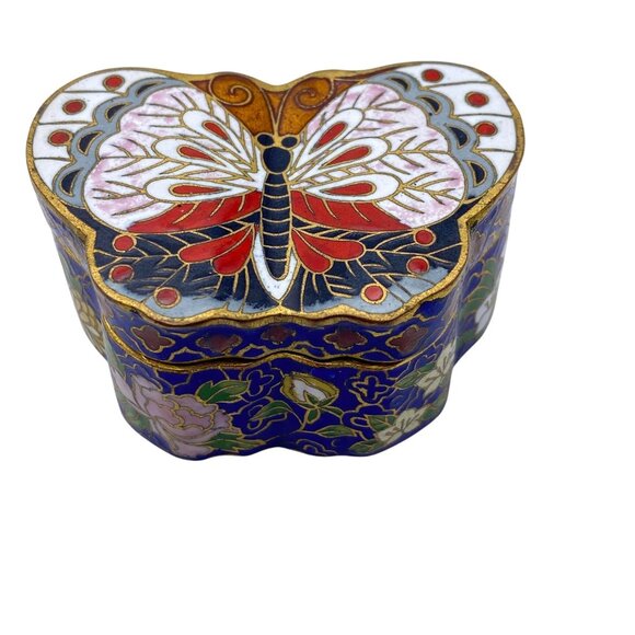 Cloisonne Butterfly pill box trinket box small white blue floral Enamel - Picture 3 of 10